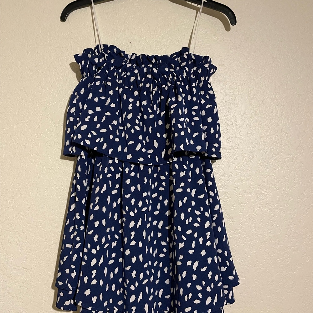 Blue and White Patterned Strapless Dress